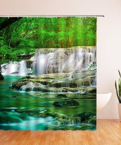 Natural Rainforest Forest Waterfall Shower Curtain With Green Trees And Tropical Jungle Scenery For Bathroom Decor