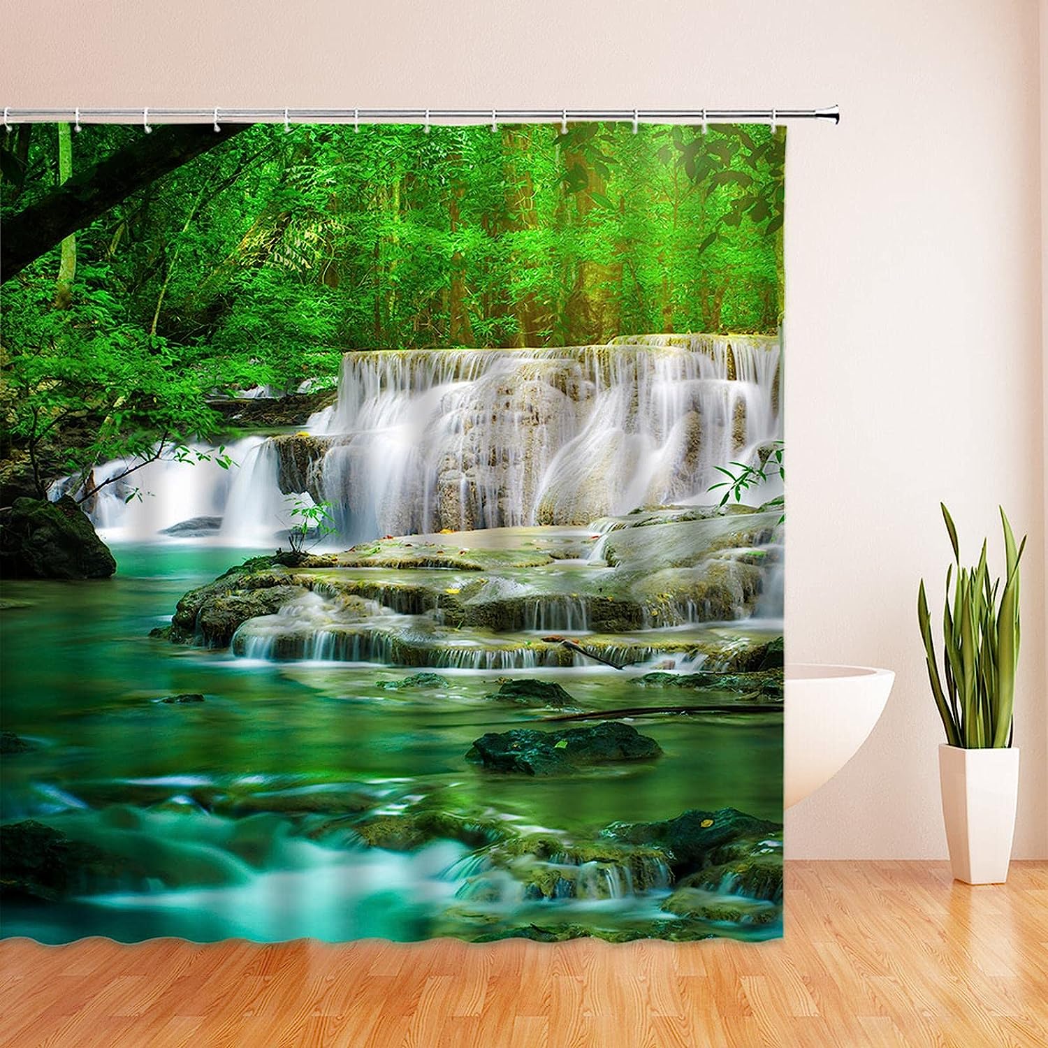 Natural Rainforest Forest Waterfall Shower Curtain With Green Trees And Tropical Jungle Scenery For Bathroom Decor