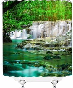 Natural Rainforest Forest Waterfall Shower Curtain With Green Trees And Tropical Jungle Scenery For Bathroom Decor