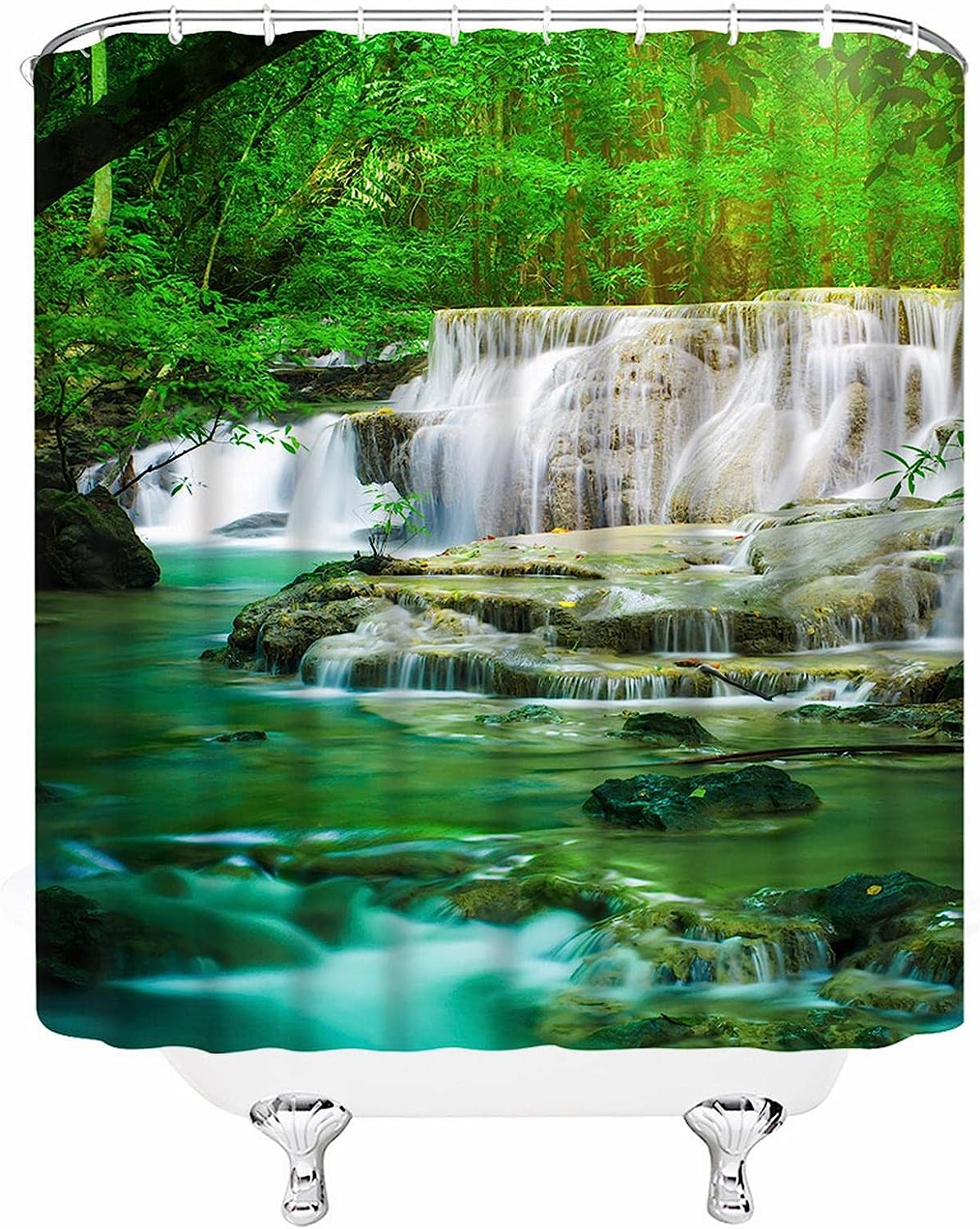 Natural Rainforest Forest Waterfall Shower Curtain With Green Trees And Tropical Jungle Scenery For Bathroom Decor