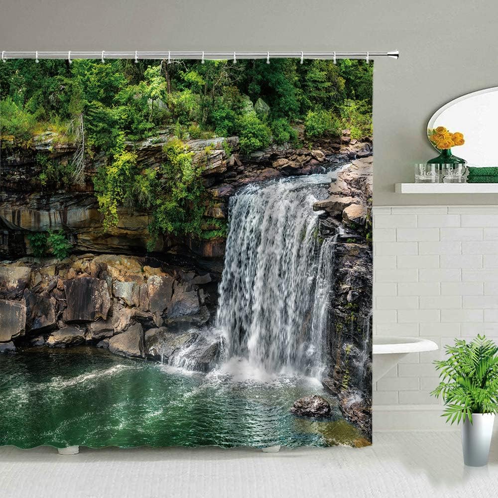 Natural Scenery Fabric Waterfall Landscape Shower Curtain with Weighted Hem