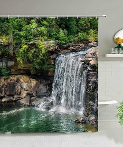 Natural Scenery Fabric Waterfall Landscape Shower Curtain with Weighted Hem
