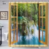 Natural Scenery Shower Curtain, Forest Waterfall Window Curtain for Bathroom 