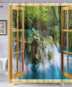 Natural Scenery Shower Curtain, Forest Waterfall Window Curtain for Bathroom 