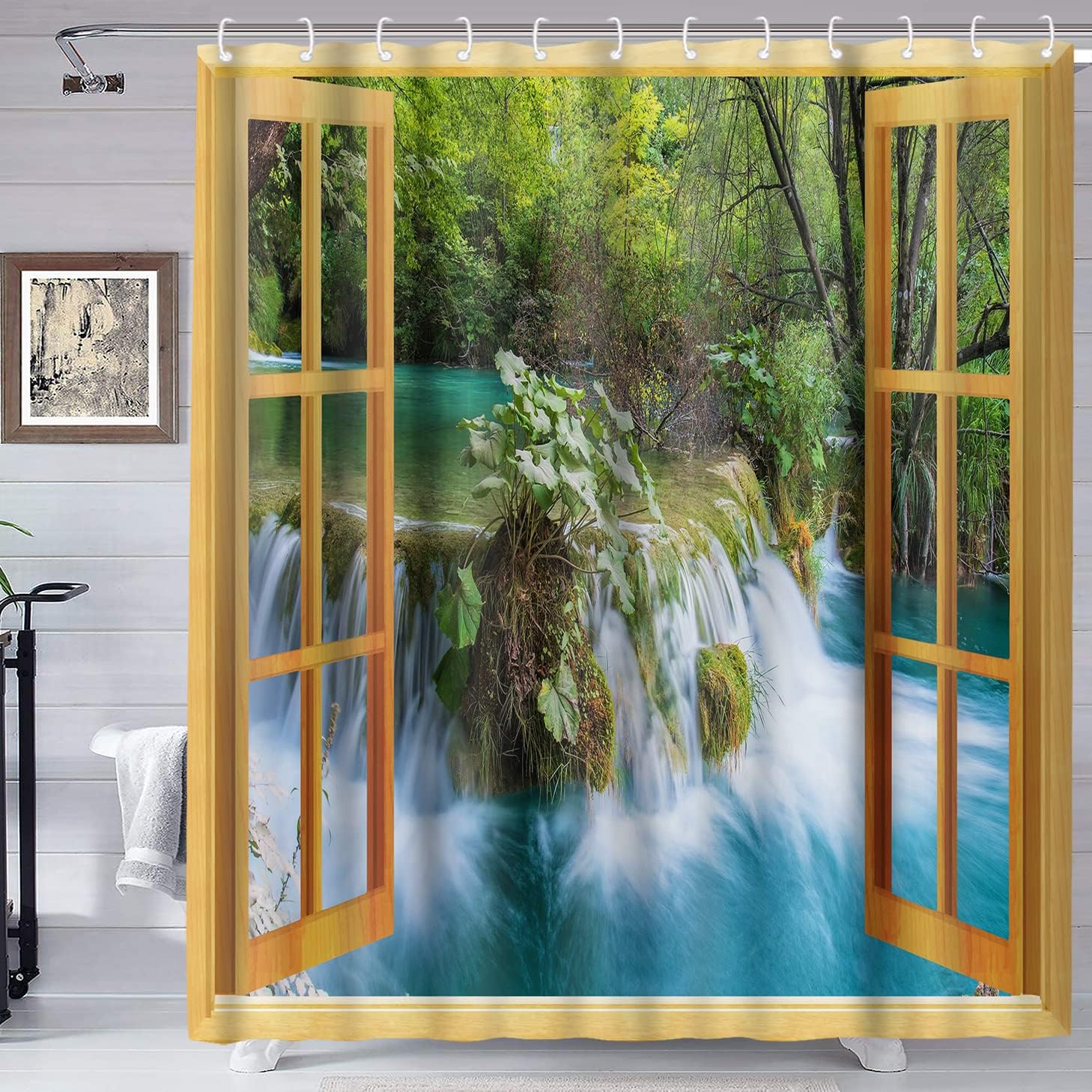 Natural Scenery Shower Curtain, Forest Waterfall Window Curtain for Bathroom