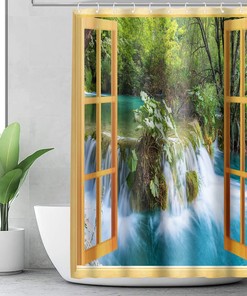 Natural Scenery Shower Curtain, Forest Waterfall Window Curtain for Bathroom