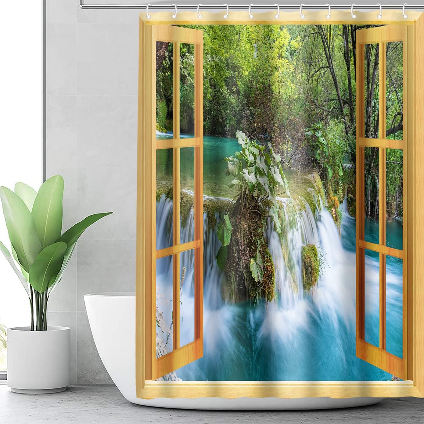 Natural Scenery Shower Curtain, Forest Waterfall Window Curtain for Bathroom