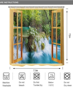 Natural Scenery Shower Curtain, Forest Waterfall Window Curtain for Bathroom
