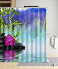 Natural Scenery Shower Curtain With Green Bamboo And Stone For Bathroom Decor