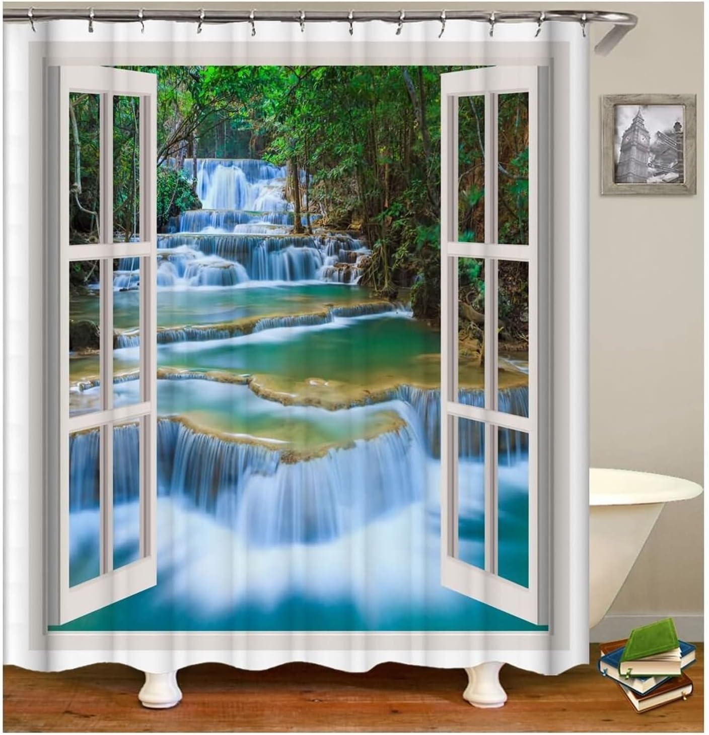Natural Shower Curtain With Waterfall Pattern For Scenic Bathroom Decor