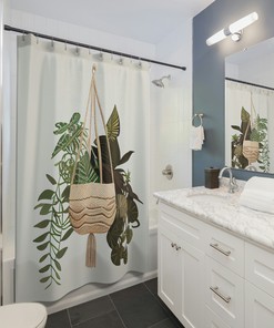 Natural Textures Boho Macrame Shower Curtain With Printed Tropical Plant And Minimalist Design
