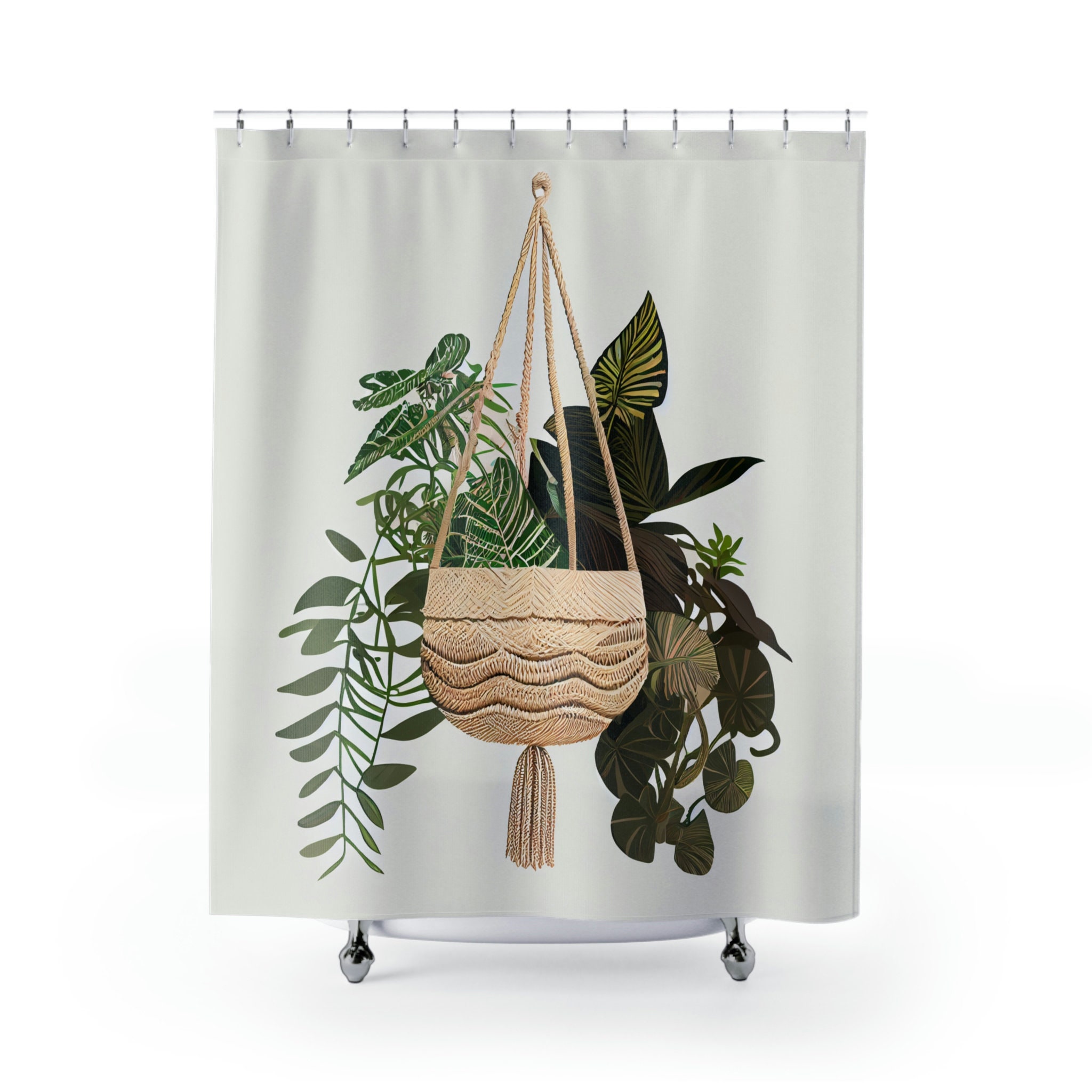 Natural Textures Boho Macrame Shower Curtain With Printed Tropical Plant And Minimalist Design - Image 2