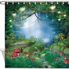 Natural Theme Shower Curtain With Mushrooms, Grass, Stone And Flowers- Decorative Fabric Curtain For Your Bathroom