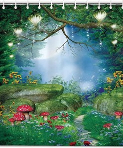 Natural Theme Shower Curtain With Mushrooms, Grass, Stone And Flowers- Decorative Fabric Curtain For Your Bathroom