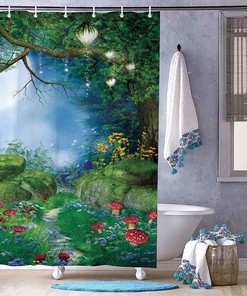 Natural Theme Shower Curtain With Mushrooms, Grass, Stone And Flowers- Decorative Fabric Curtain For Your Bathroom