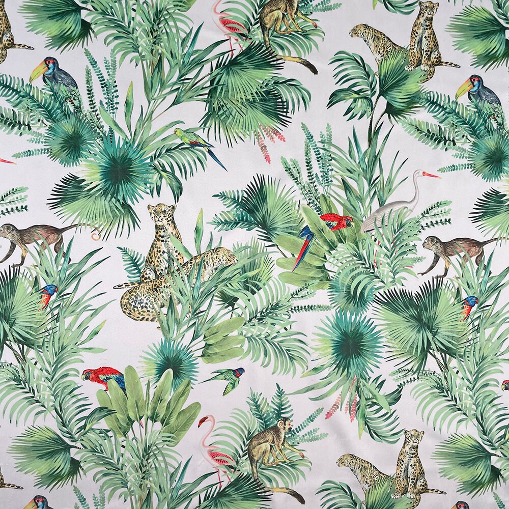 Natural Tigers, Monkeys, And Parrots Curtain Fabric For Bathroom Decor