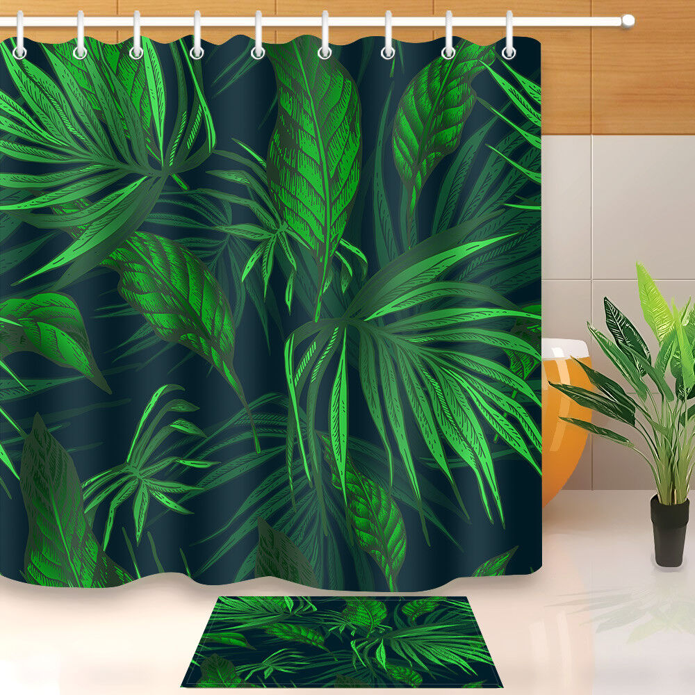 Natural Tropical Leaves Shower Curtain & Bathroom Mat Set, Waterproof Fabric for Stylish Decor