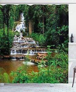 Natural Tropical Waterfall Scenery Print Shower Curtain With Long Path Design