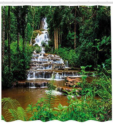Natural Tropical Waterfall Scenery Print Shower Curtain With Long Path Design - Image 2