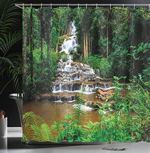 Natural Tropical Waterfall Scenery Print Shower Curtain With Long Path Design - Image 3