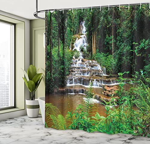 Natural Tropical Waterfall Scenery Print Shower Curtain With Long Path Design - Image 4