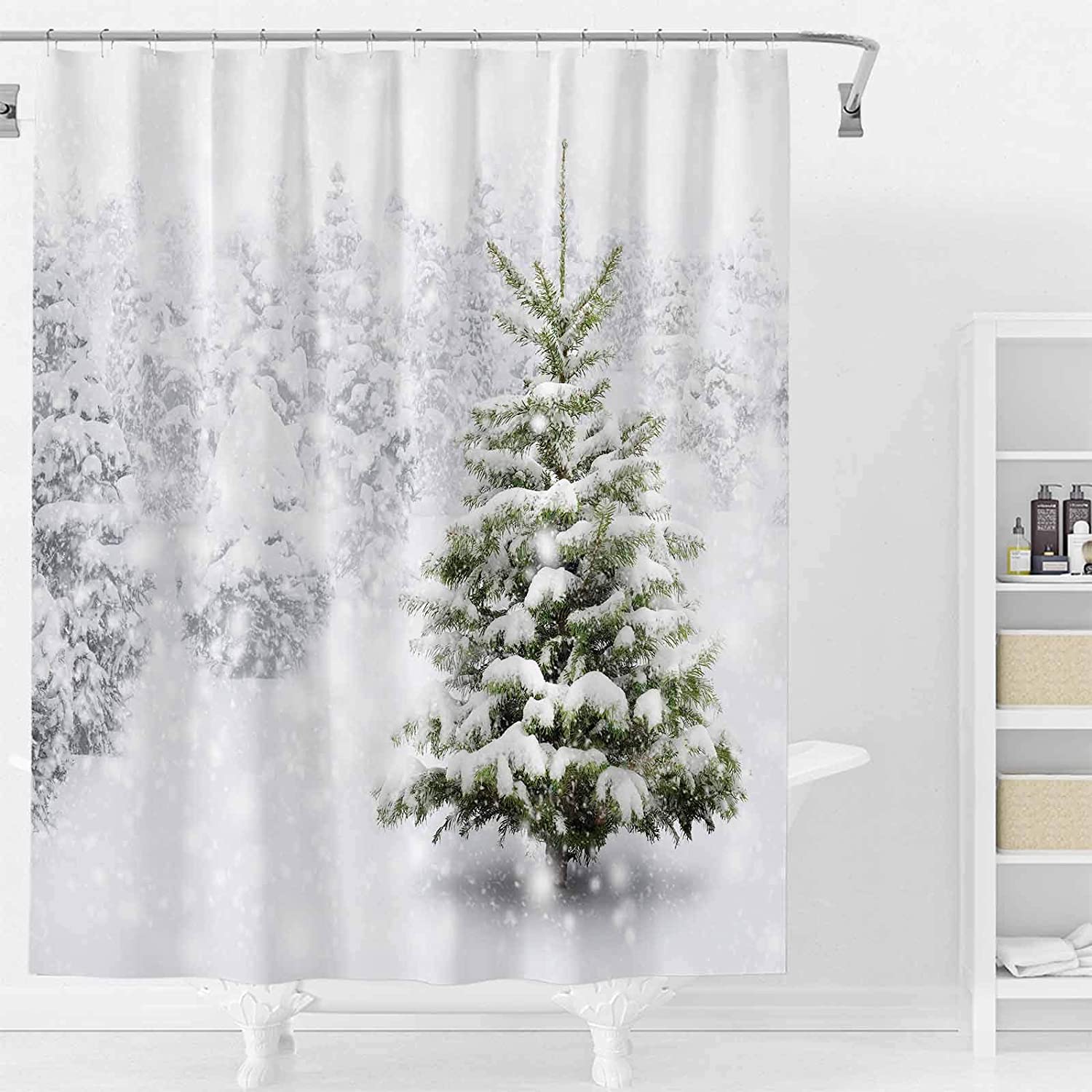 Natural Winter Forest Snowflake Christmas Shower Curtain By Allenjoy - Waterproof And Durable Bathtub Sets - Image 2