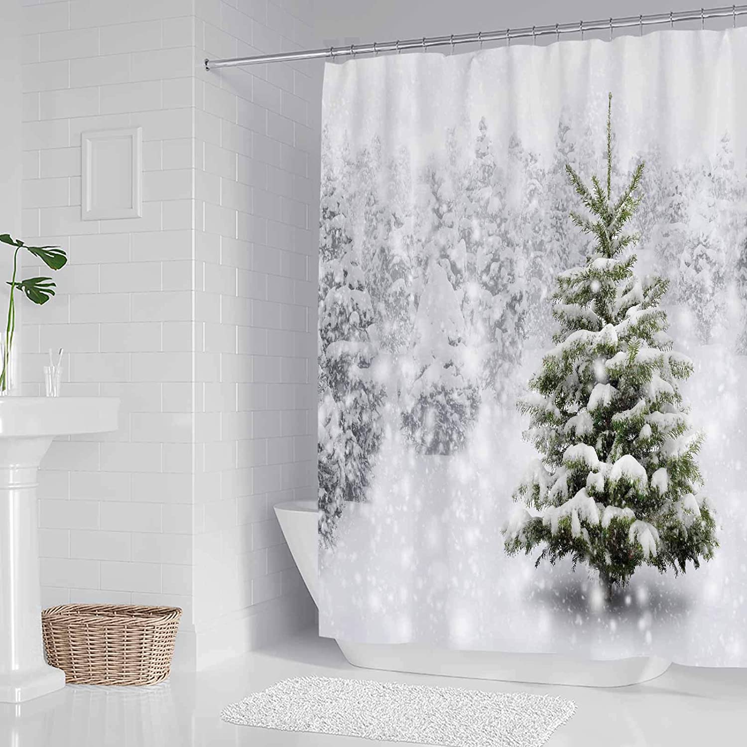 Natural Winter Forest Snowflake Christmas Shower Curtain By Allenjoy - Waterproof And Durable Bathtub Sets - Image 3