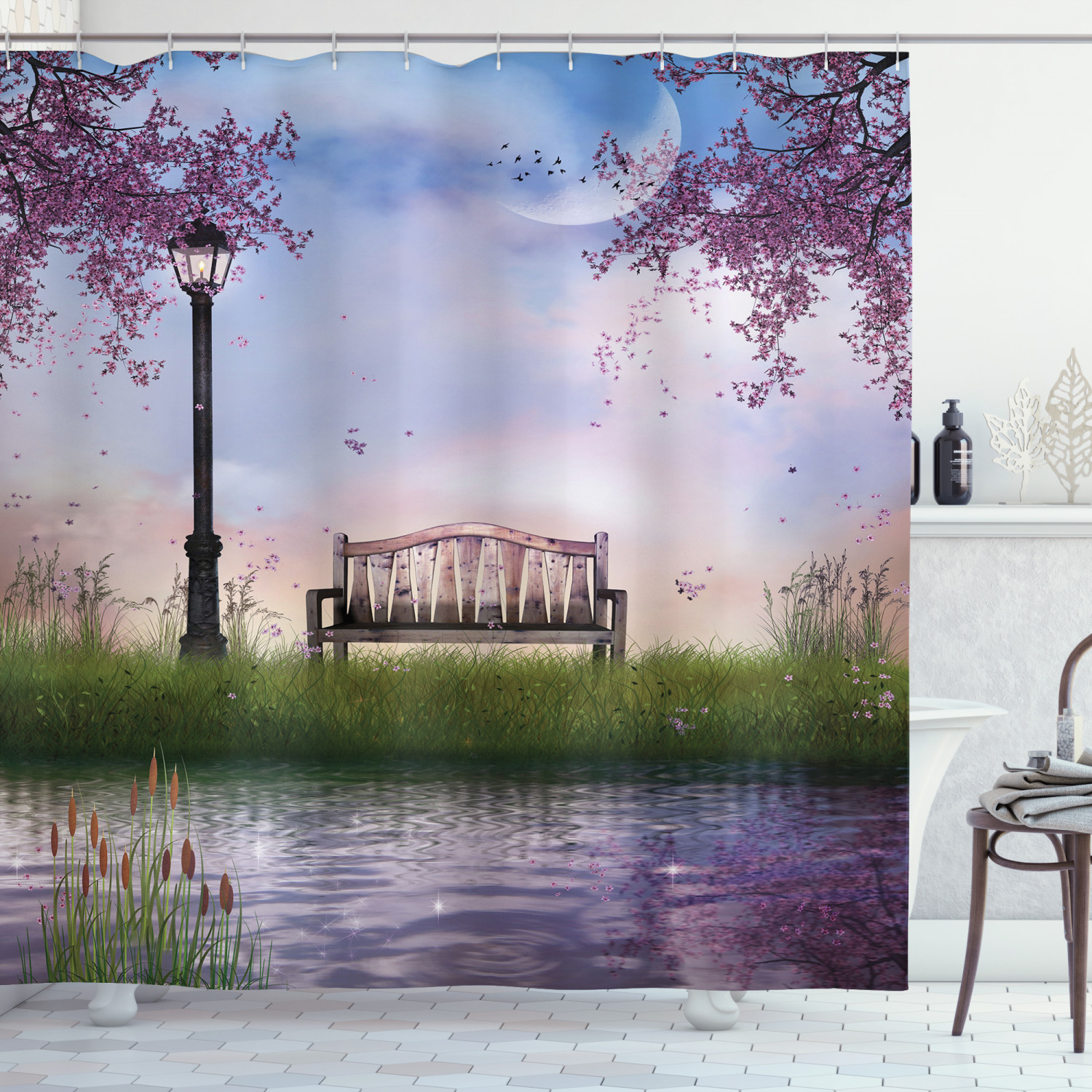 Nature Bank Flowing Moon River Print Shower Curtain - A Tranquil And Relaxing Design For Your Bathroom