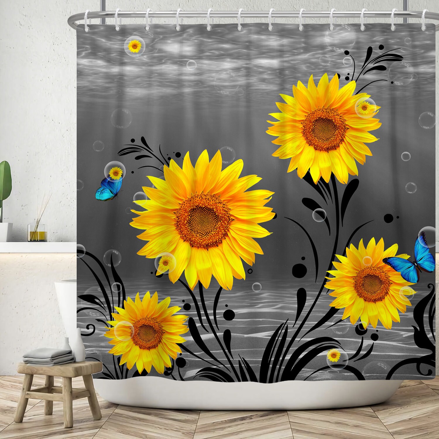 Nature Botanical Rustic Floral Shower Curtain with Sunflowers for Bathroom Homes