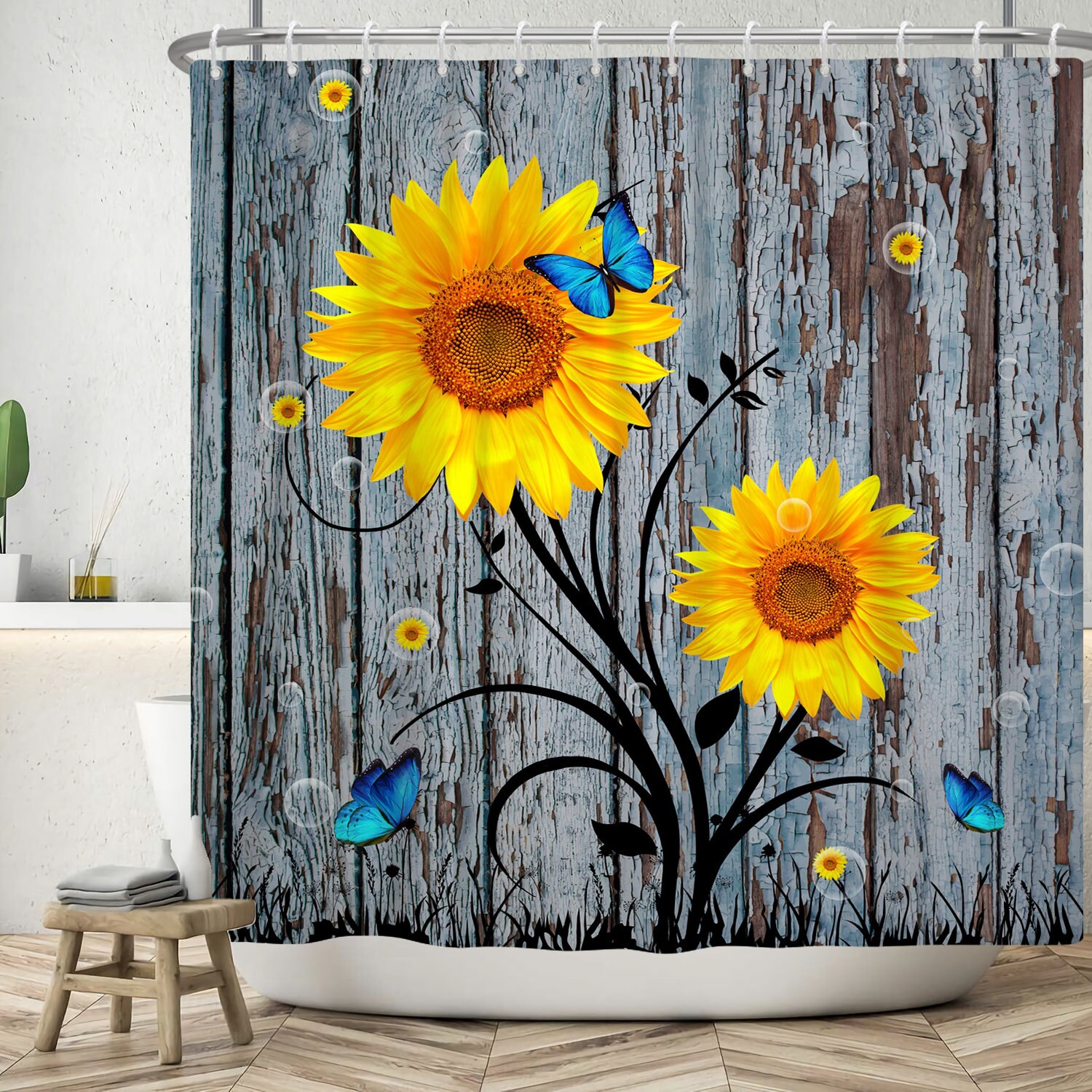 Nature Botanical Rustic Floral Shower Curtain with Sunflowers for Bathroom Homes