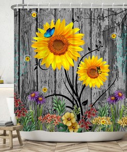 Nature Botanical Rustic Floral Shower Curtain with Sunflowers for Bathroom Homes