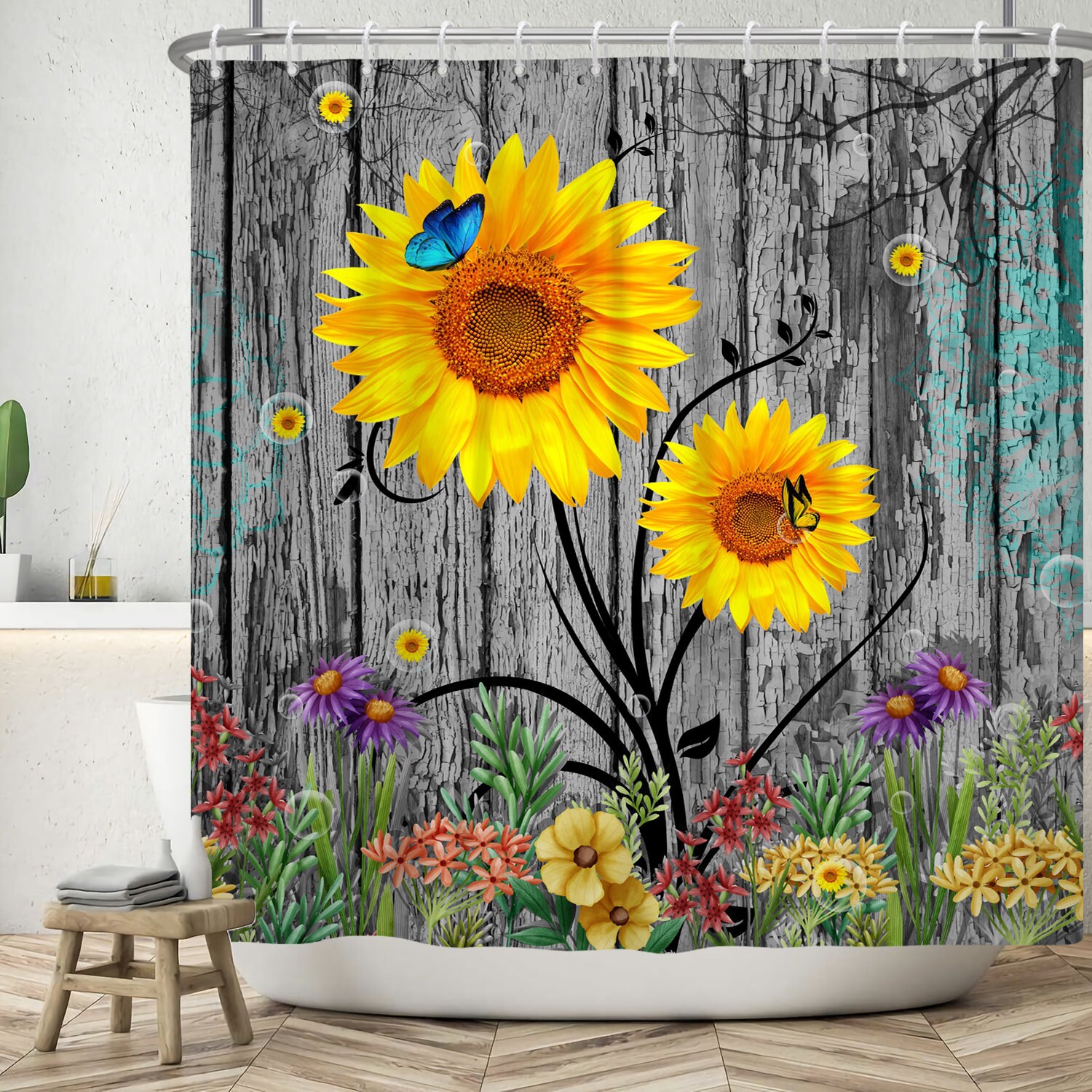 Nature Botanical Rustic Floral Shower Curtain with Sunflowers for Bathroom Homes
