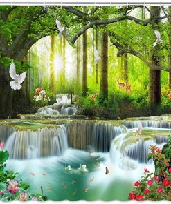 Nature Forest Waterfall Wild Animals Shower Curtain for Scenic Bathroom
