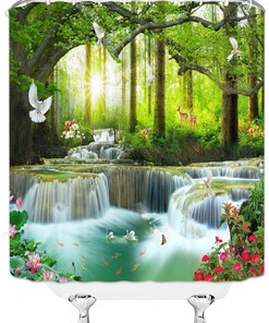 Nature Forest Waterfall Wild Animals Shower Curtain for Scenic Bathroom