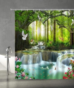 Nature Forest Waterfall Wild Animals Shower Curtain for Scenic Bathroom