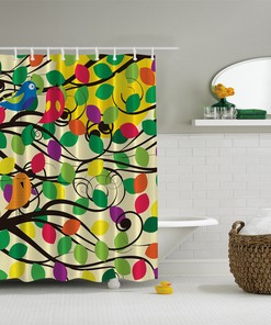 Nature Inspired Bird and Owl Shower Curtain with Geometric Tree of Life Design