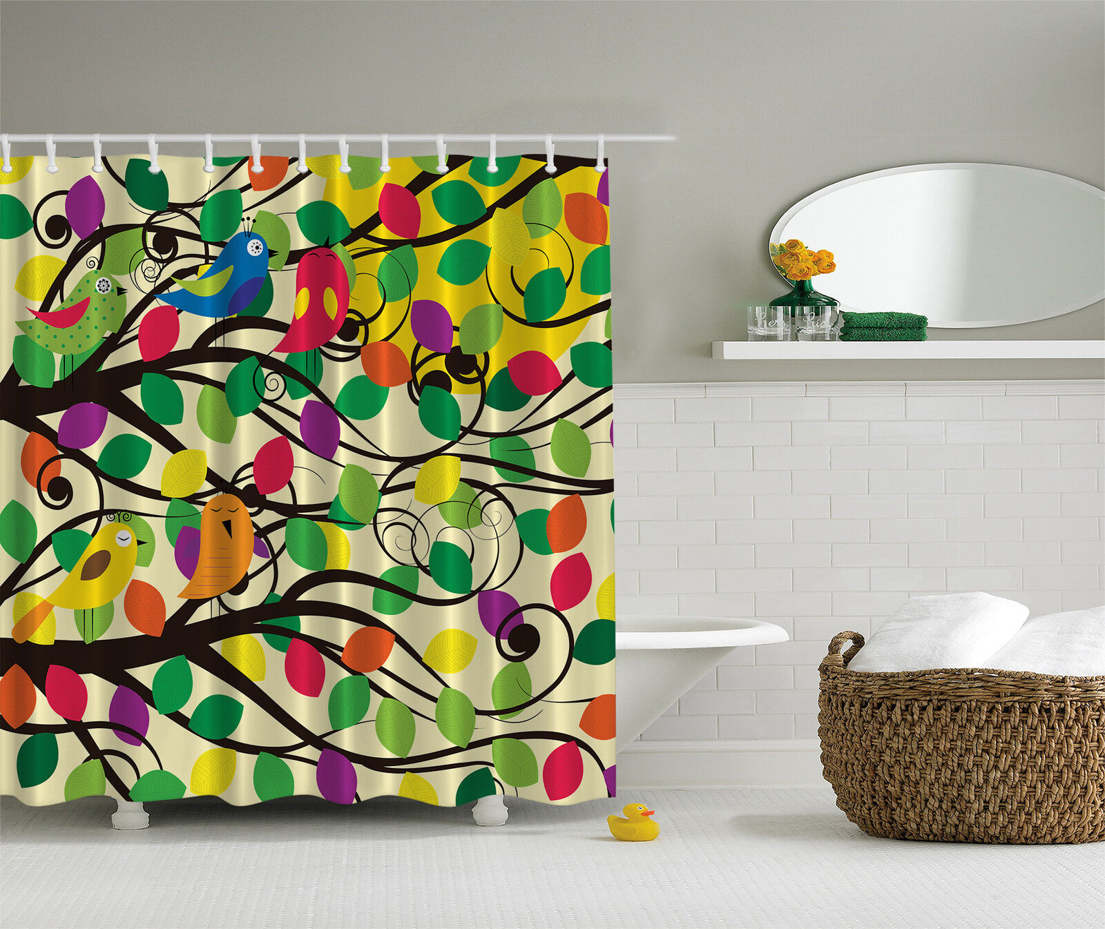 Nature Inspired Bird and Owl Shower Curtain with Geometric Tree of Life Design