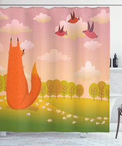 Nature Inspired Cartoon Shower Curtain With Animal Fox Wildlife Print For Bathroom Decor