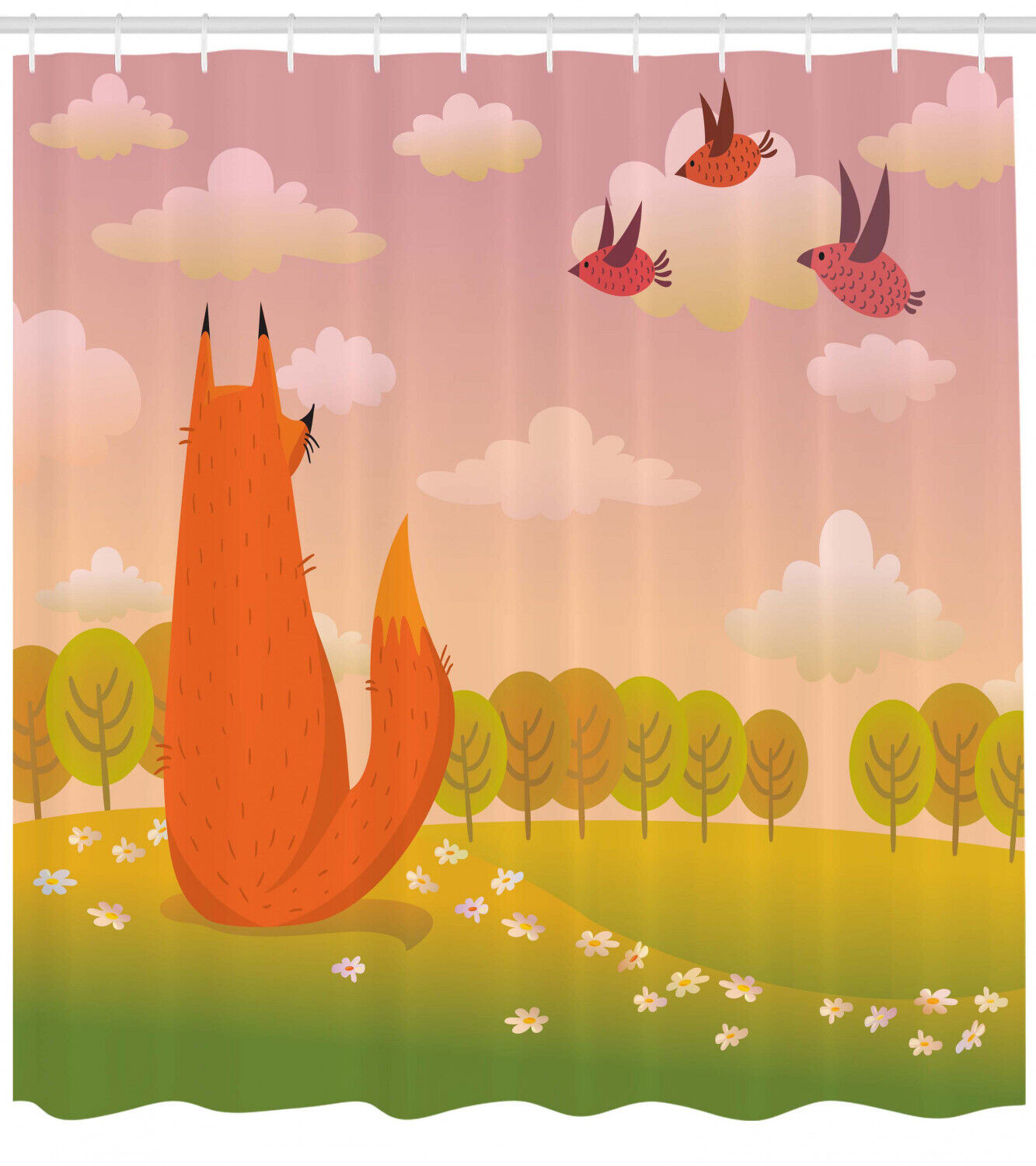 Nature Inspired Cartoon Shower Curtain With Animal Fox Wildlife Print For Bathroom Decor - Image 2