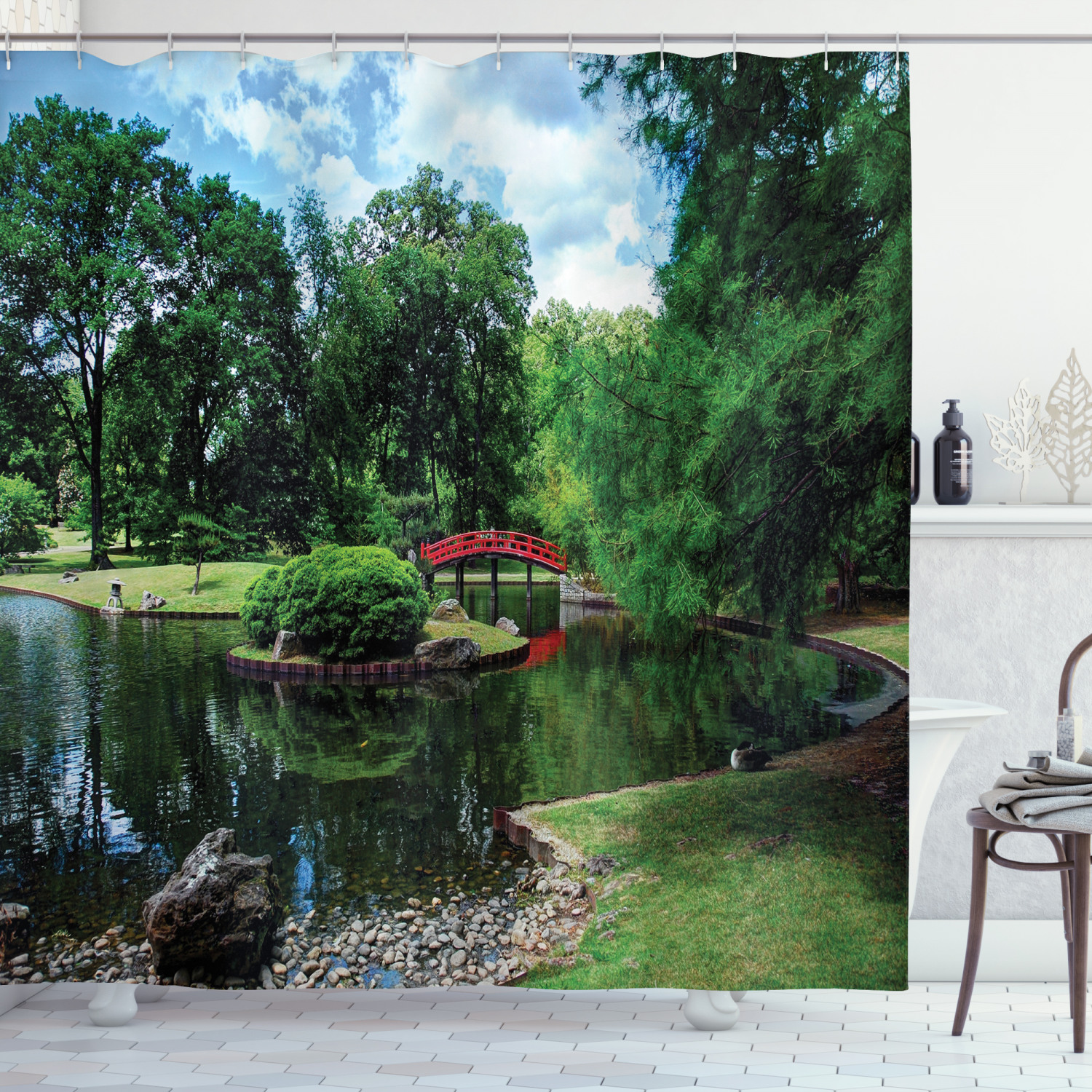 Nature Japanese Garden Lake Print for Bathroom Shower Curtain