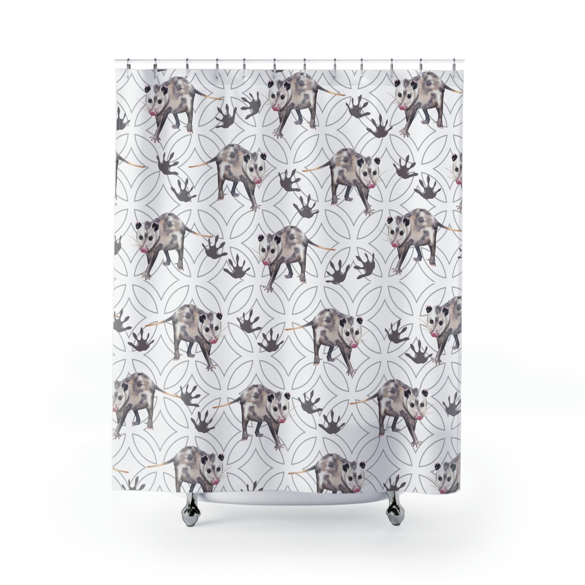 Nature Lover Marsupial Shower Curtain, Minimalist Geometric Pattern Bath Accessory with Opossum Design