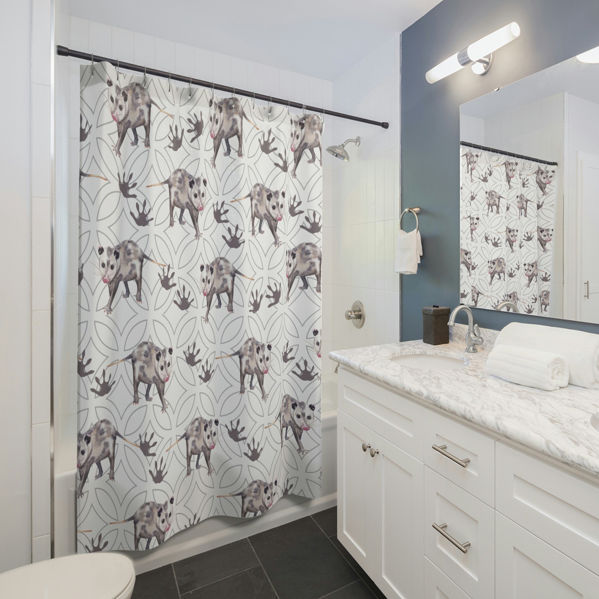 Nature Lover Marsupial Shower Curtain, Minimalist Geometric Pattern Bath Accessory with Opossum Design