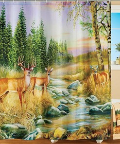 Nature Lover'S Dream Shower Curtain With Peaceful Deer And Forest Scene - Fabric
