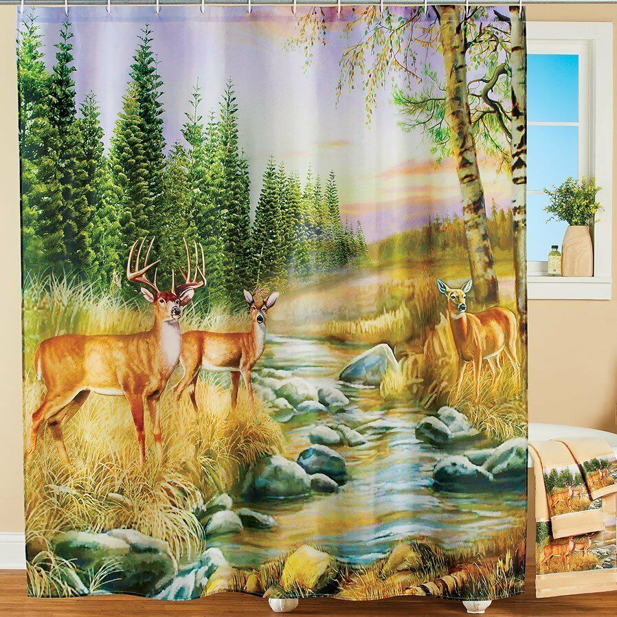Nature Lover'S Dream Shower Curtain With Peaceful Deer And Forest Scene - Fabric