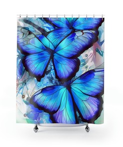 Nature Lovers Blue Butterfly Print Shower Curtain For Bathroom Decor