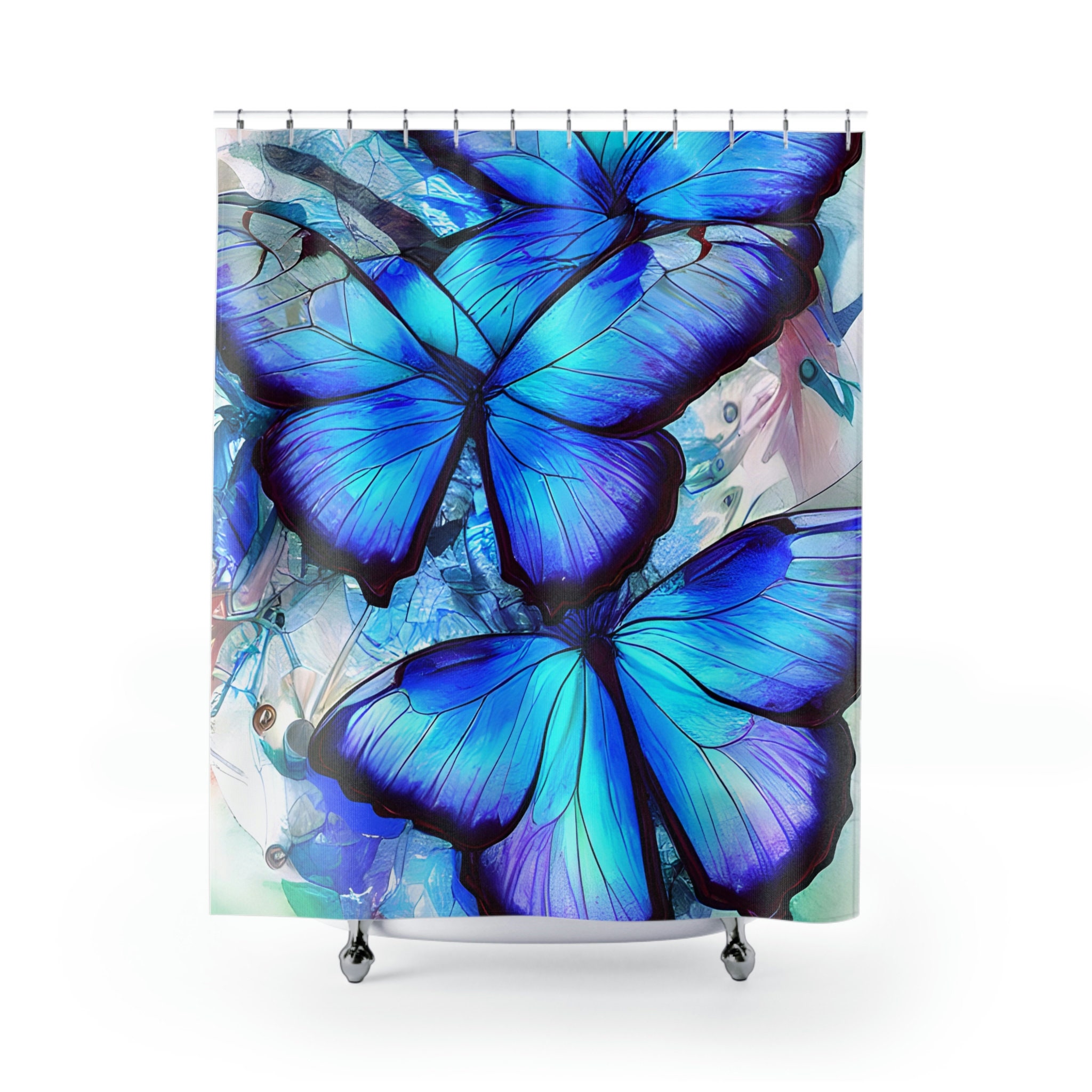 Nature Lovers Blue Butterfly Print Shower Curtain For Bathroom Decor