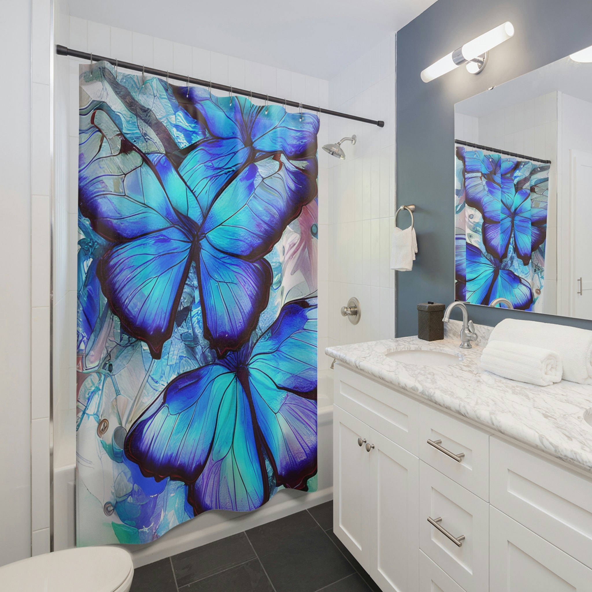 Nature Lovers Blue Butterfly Print Shower Curtain For Bathroom Decor - Image 2