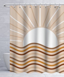 Nature Lovers' Boho Mid-Century Shower Curtain With Mountain And Sunrise Sunset Abstract Pattern