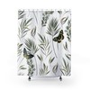 Nature Minimalist Boho Butterflies Shower Curtain, White Sage Green Design With Plant Leaves And Floral Elements