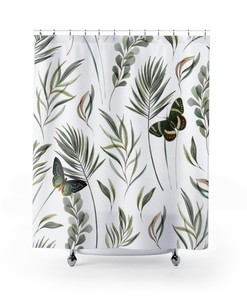 Nature Minimalist Boho Butterflies Shower Curtain, White Sage Green Design With Plant Leaves And Floral Elements